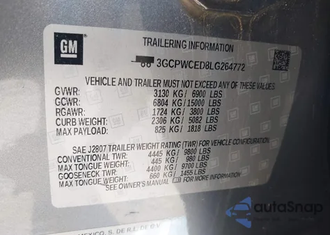 2020 Chevrolet Silverado 2Wd Short Bed Lt from USA, damaged, VIN 3GCPWCED8LG264772